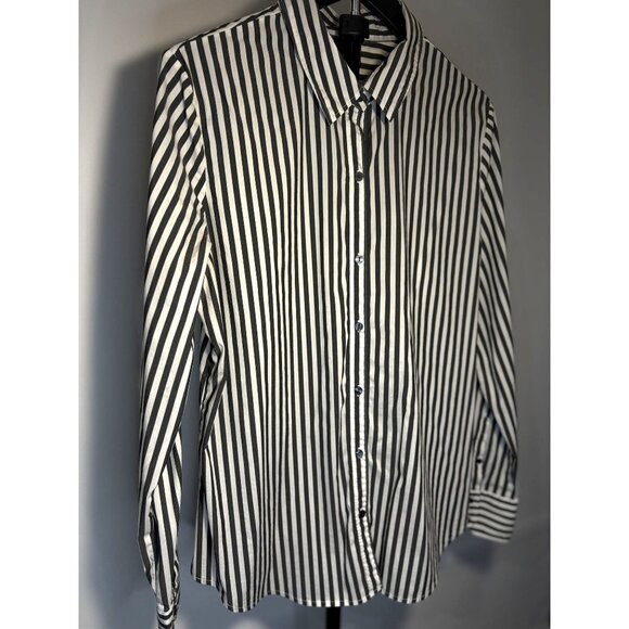 Worthington Button Up Collared Cuffed Long Sleeve Shirt Grey Black White Striped - Picture 11 of 16